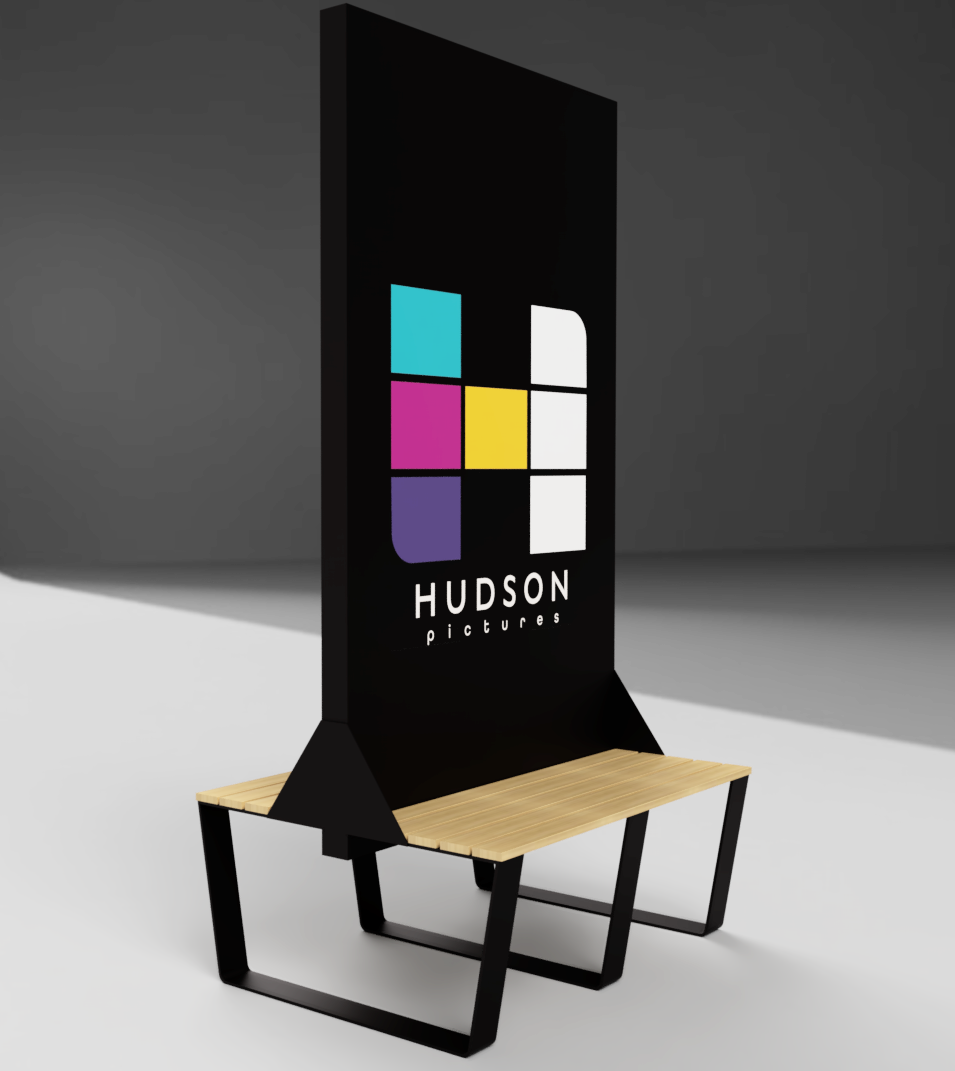 MONOLITH 06 freestanding video wall fixture with integrated wood bench, Hudson Pictures